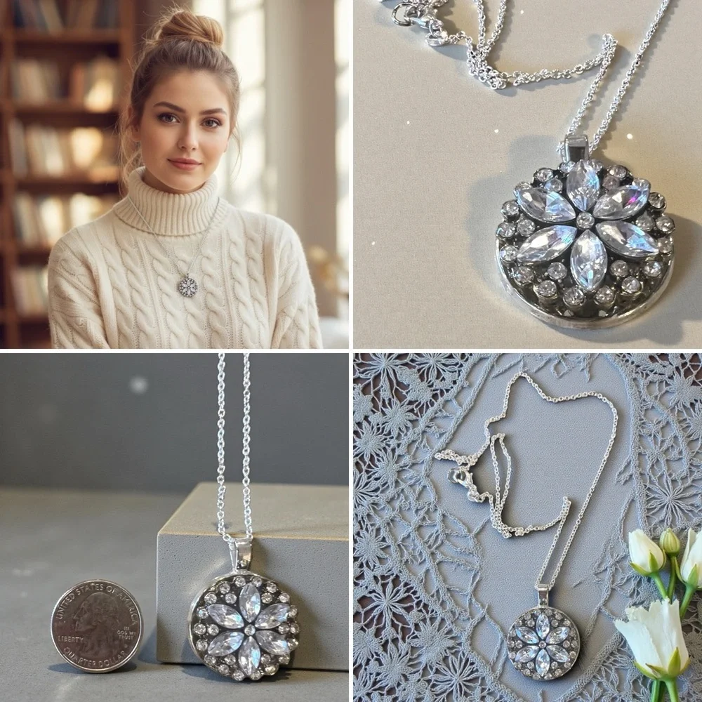 Vintage Costume Rhinestone Jewelry Assemblage: Floral Pendant Necklace